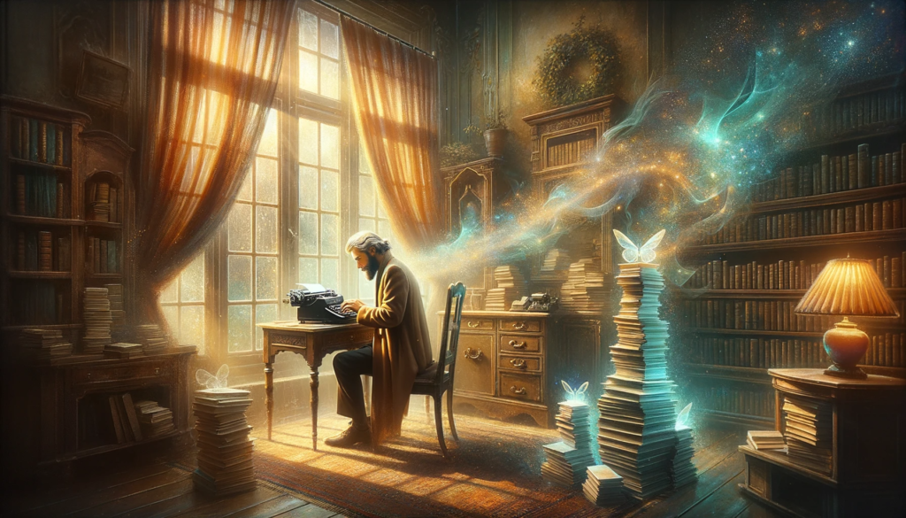 An author in a serene study, typing an ebook on a vintage typewriter, medium: digital painting