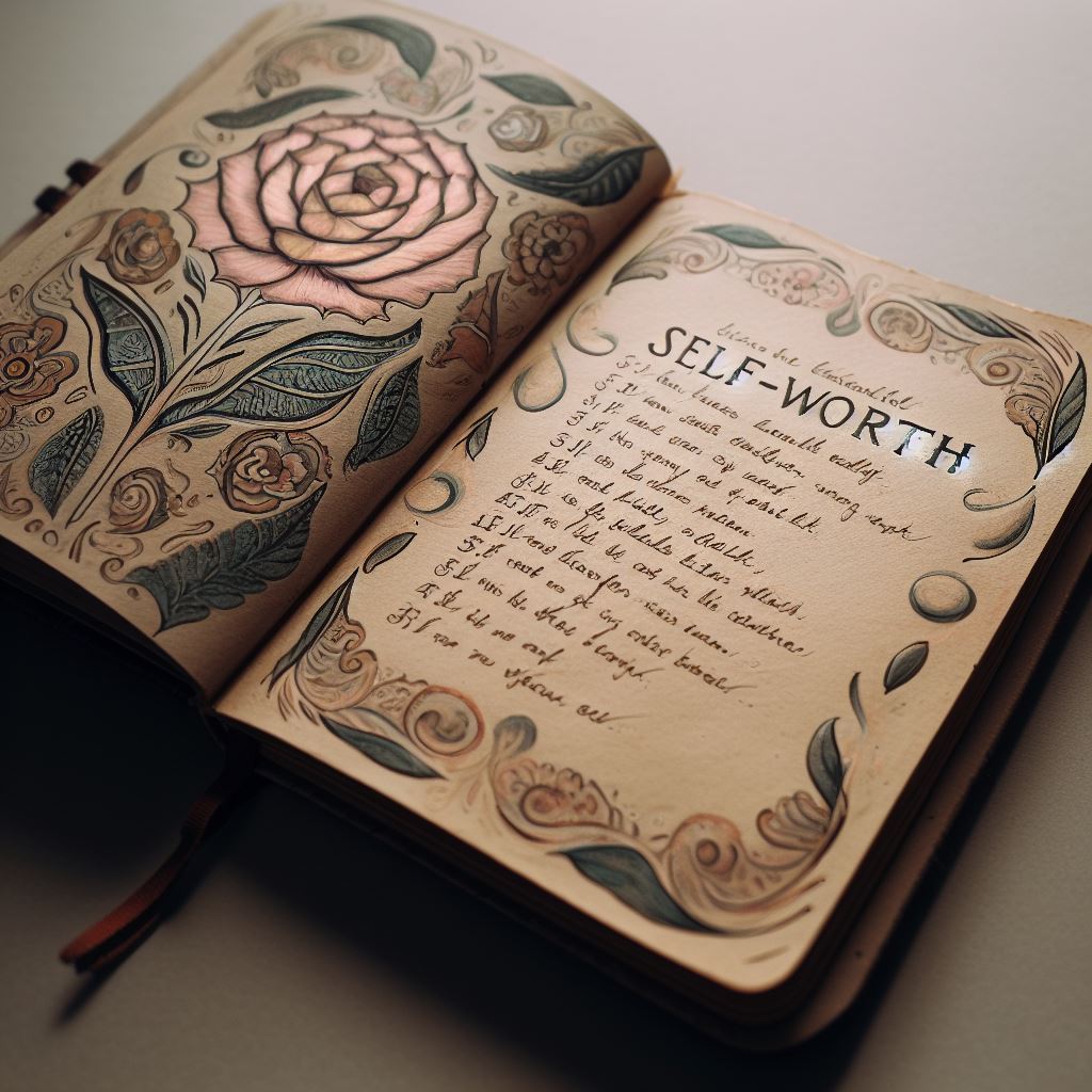 A beautifully crafted journal lying open with handwritten self-worth affirmations
