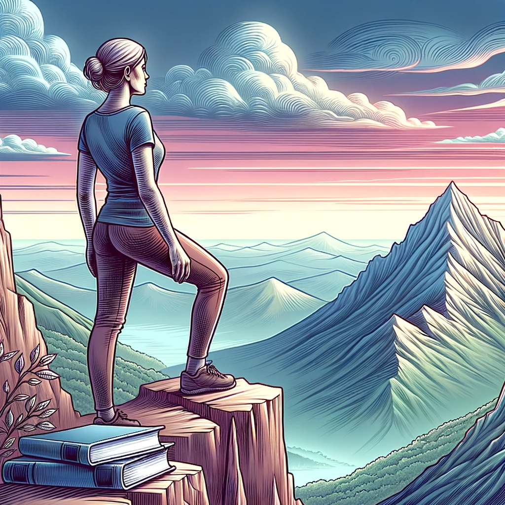An image of a person standing at the peak of a mountain, symbolizing the impact of self-help books.